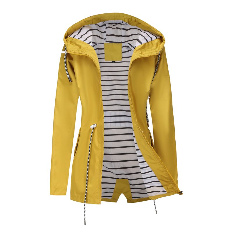 Hooded Striped Long-Sleeved Mid-Length Trench Raincoat - Image 4