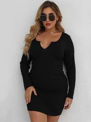 Plus Size Sexy Threaded Long Sleeve Knit Dress