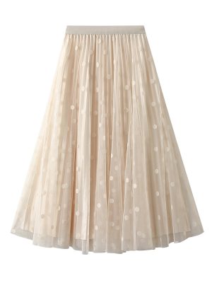 Dot Mesh High Waist Double-Sided Pleated A-Line Skirt