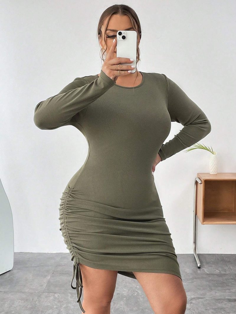 Slim Fit Round Neck Drawstring Dress - Image 2