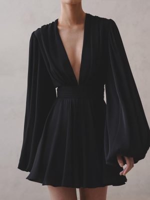 Spring French Puff Sleeve V-Neck Black Dress