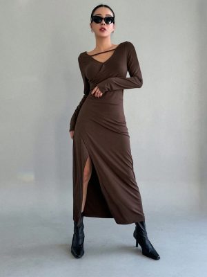 Chic French Brown Knitted Maxi Dress