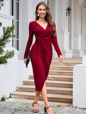 V-Neck Slimming Long Sleeve Dress