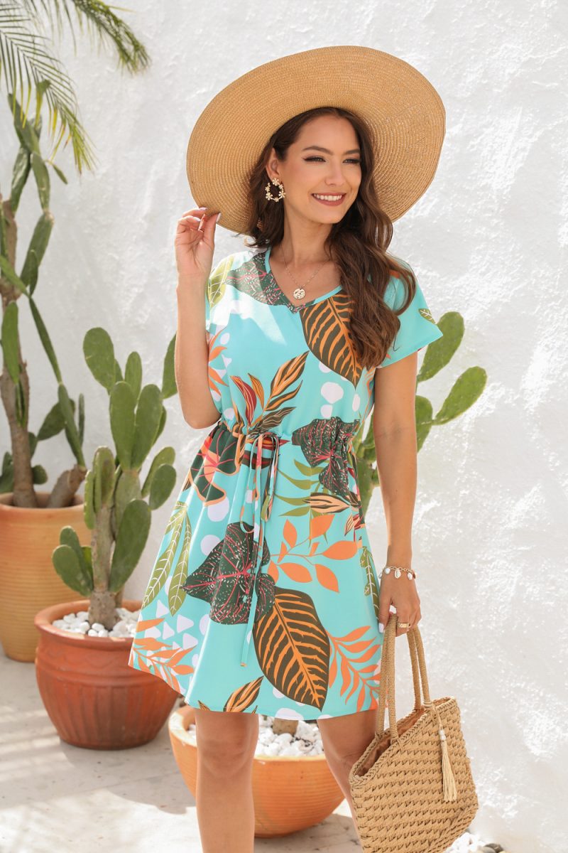 Floral Print V-Neck Pull-Belt Dress - Image 4