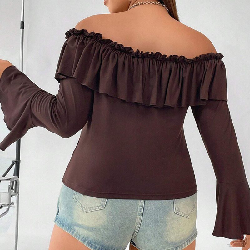 Plus Size Ruffled Bell Sleeve Boat Neck Top - Image 2