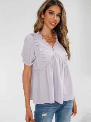 Office Chic V-Neck Short Sleeve Shirt: Women’s Top