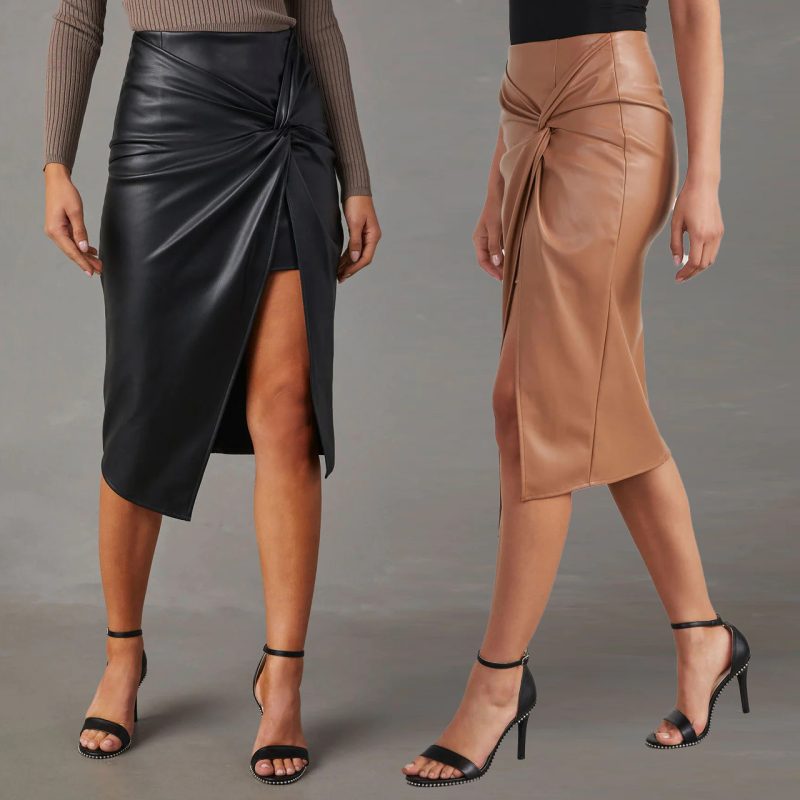 Split Mid-Length Leather Hip Skirt - Autumn/Winter Sexy - Image 5