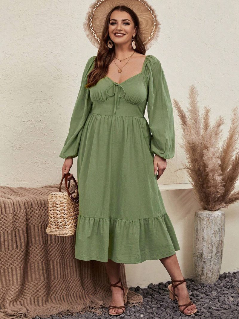 Pastoral Style Plus Size Long Sleeve Dress with Chicken Collar and Waist Tie - Image 4