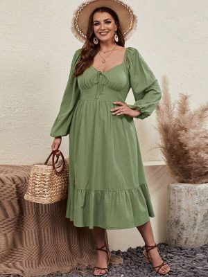 Pastoral Style Plus Size Long Sleeve Dress with Chicken Collar and Waist Tie