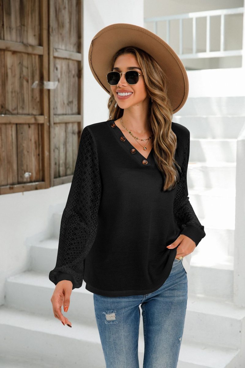 Lace Trim V-Neck Button Tee: Autumn-Winter Style - Image 3