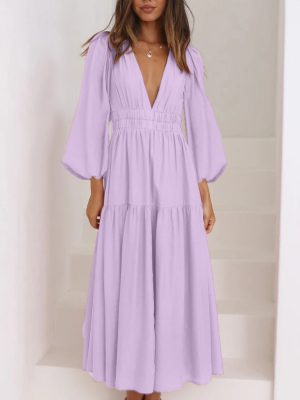 V-neck Pleated Long Sleeve Dress – Autumn/Winter Style