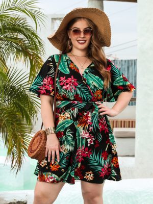 Plus Size Floral Print V-Neck Dress