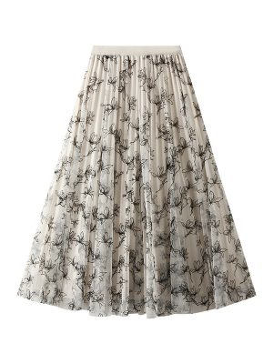 Double-Sided Flocking Mesh A-Line Pleated Dress Skirt