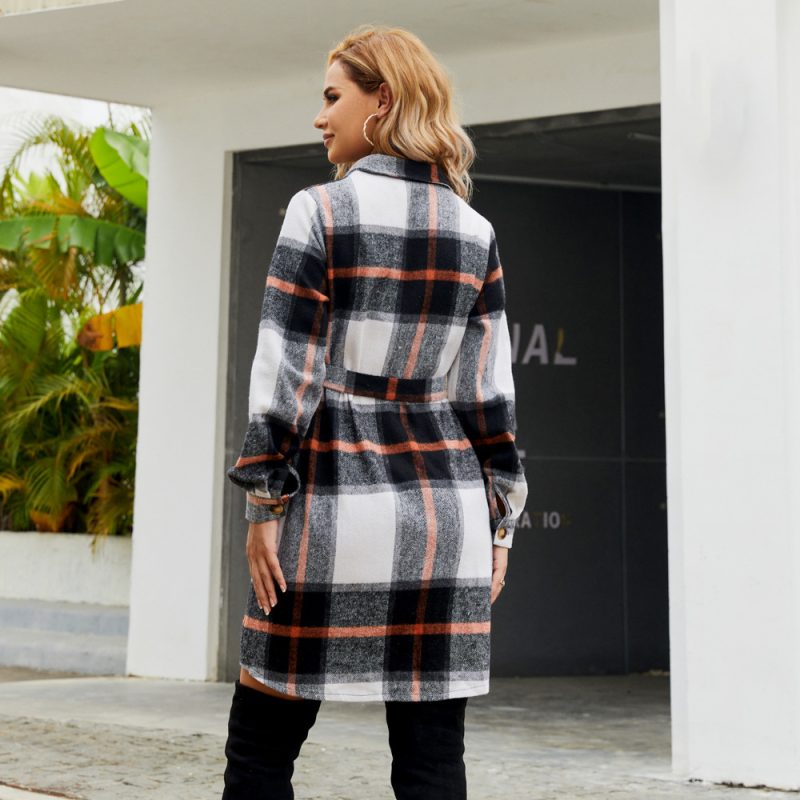 Long-Sleeved Retro Check Coat Women - Image 5