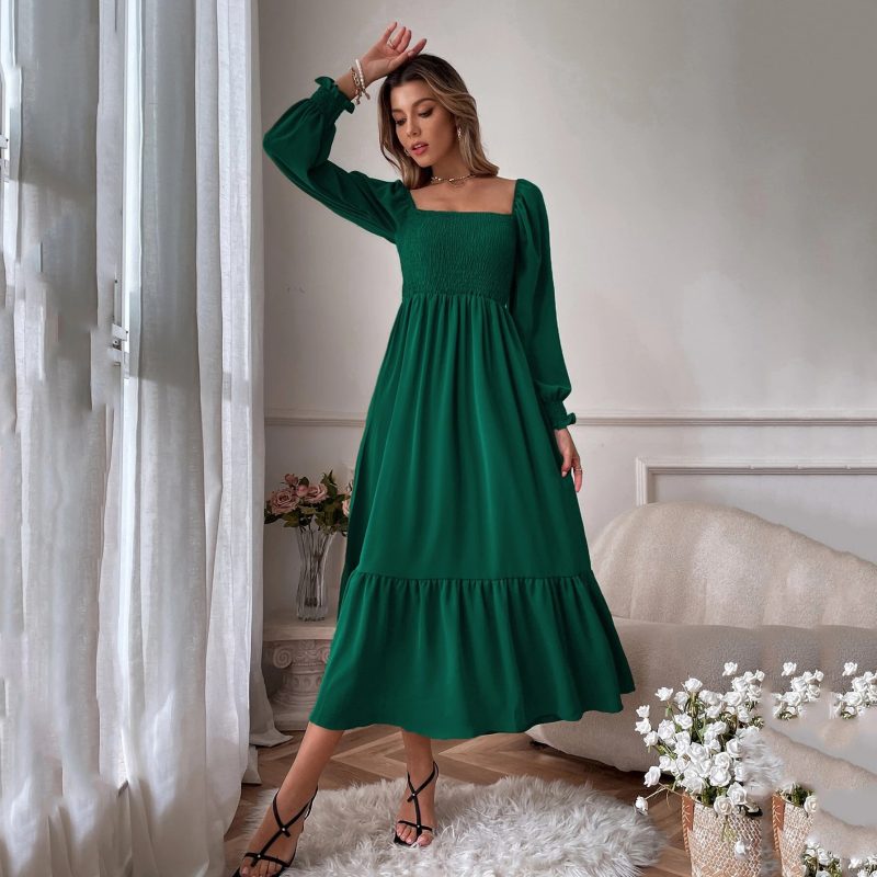 Winter Square Collar Ruffled Office Dress - Tight Fit - Image 3