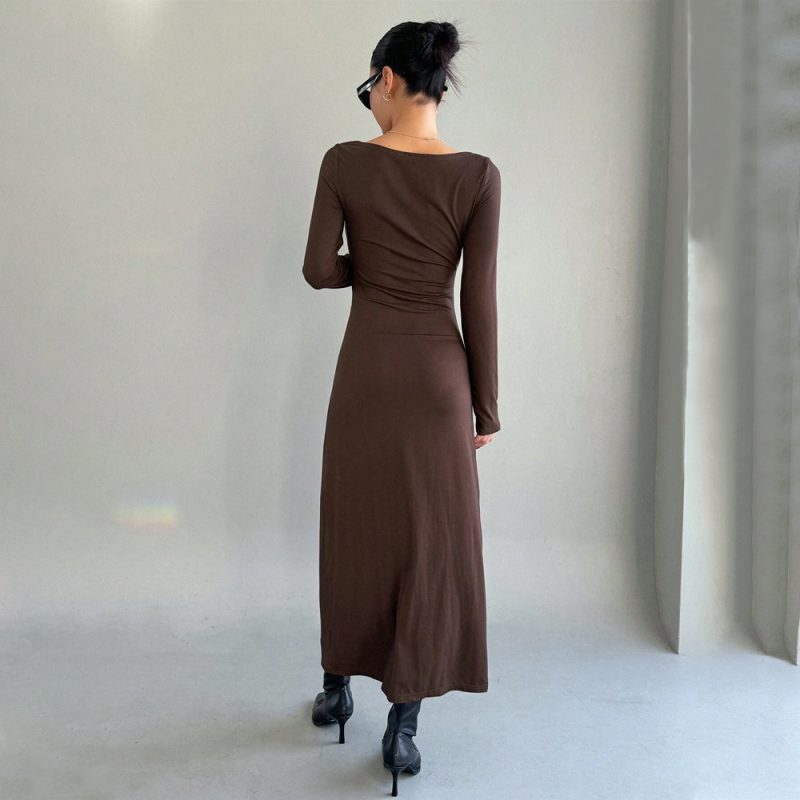 Chic French Brown Knitted Maxi Dress - Image 2