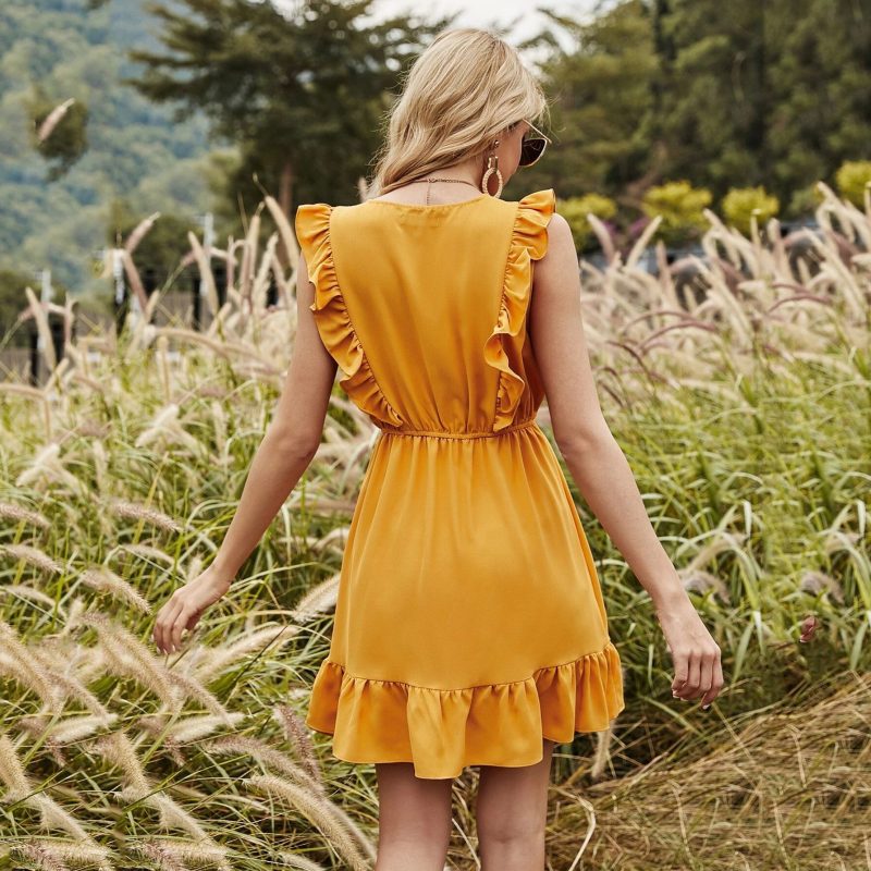 Yellow V-Neck Lace-up Summer Dress - Flounce Bubble - Image 3
