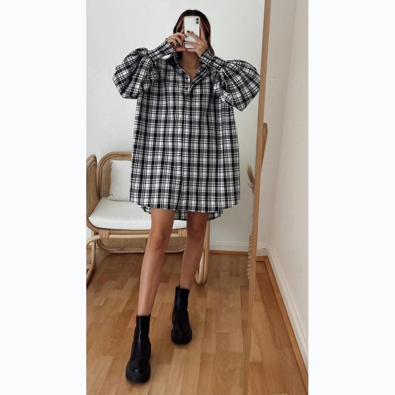 Plaid Lantern Sleeve Shirt - Casual Autumn/Winter - Image 4