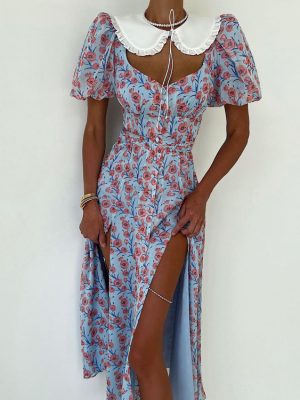 Summer Hollow Out Printed Split Dress