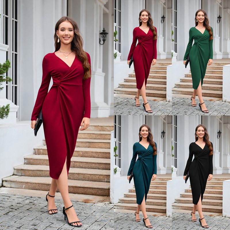 V-Neck Slimming Long Sleeve Dress - Image 4