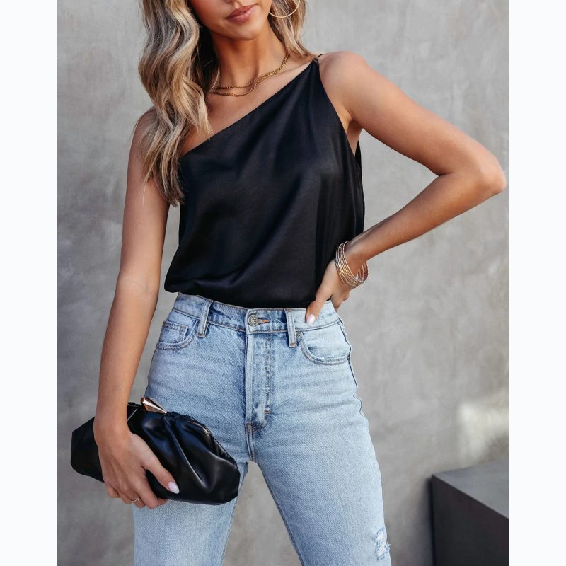 Trendy Solid Color One-Shoulder Sling Top - Image 3