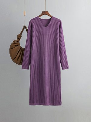 V-Neck Knitted Dress: Winter Sunken Stripe Chic