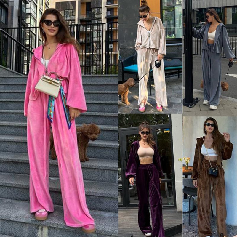 Gold Velvet Drawstring Casual Suit - Early Autumn Style - Image 5