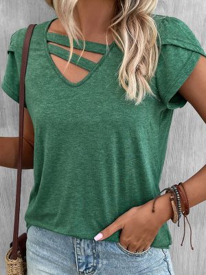 Chic Summer V-Neck Top: Petal Sleeves, Loose Fit