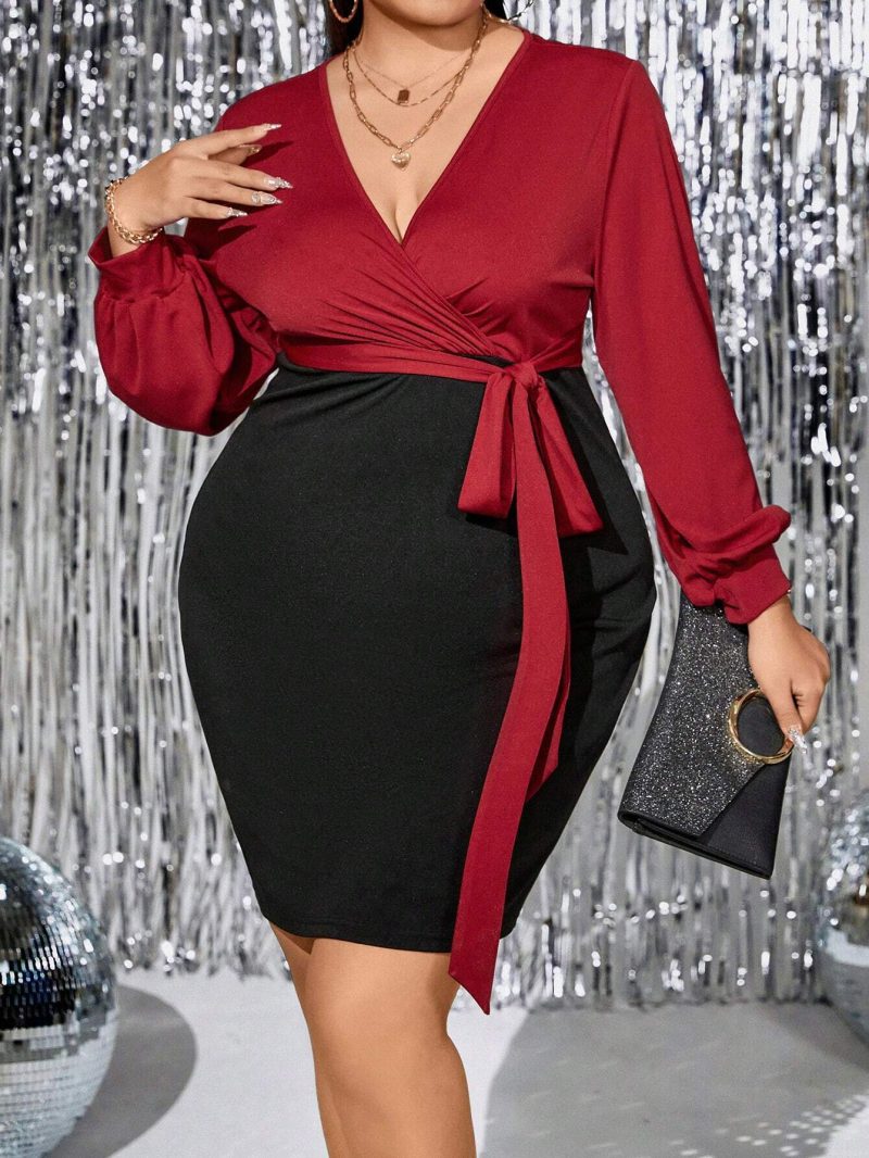 Plus Size V-Neck Contrast Long Sleeve Dress - Image 2