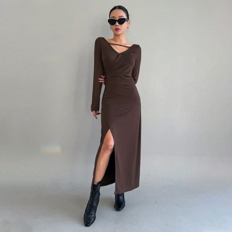 Chic French Brown Knitted Maxi Dress - Image 3