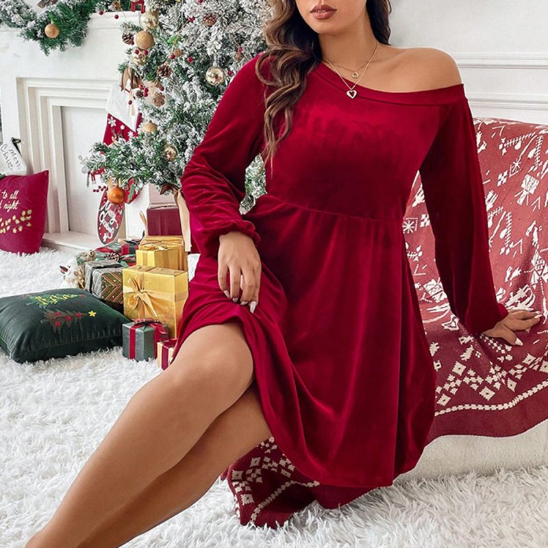 Sexy Plus Size A-Line Evening Dress with Off-Shoulder Velvet Long Sleeves - Image 2