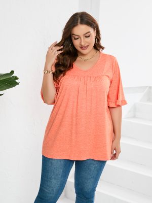 Plus Size V-Neck Pleated Loose Top