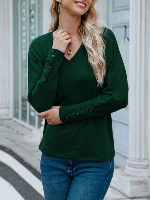 Buttoned V-Neck Long-Sleeved Tee: Solid Color Chic