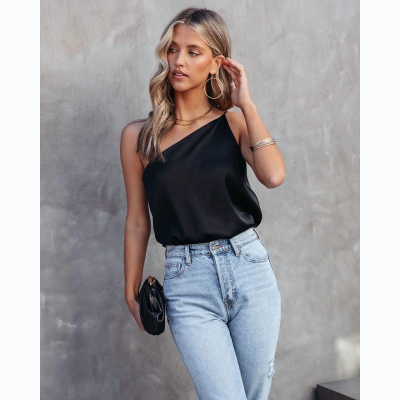 Trendy Solid Color One-Shoulder Sling Top - Image 2