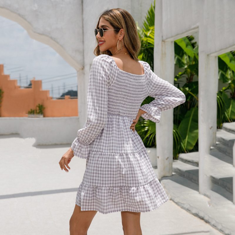 V-Neck Smocking Plaid Babydoll Dress - Winter Chic - Image 2