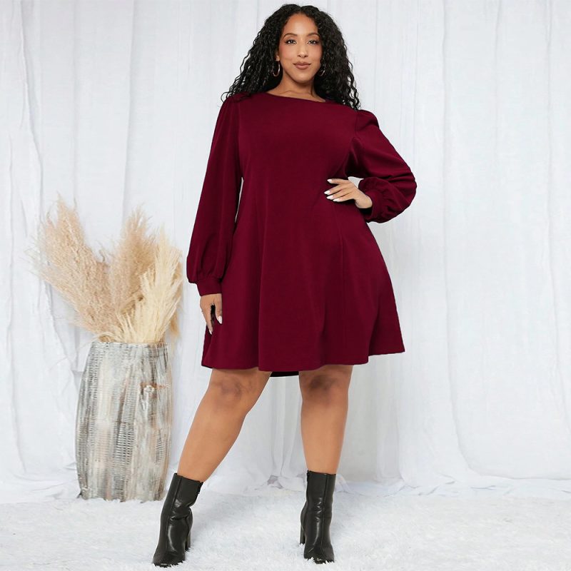 Stylish Plus Size Round Neck Long Sleeve Dress - Image 2