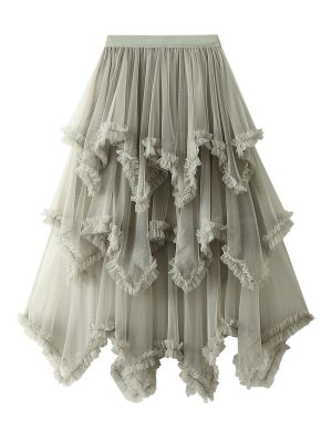 Irregular Asymmetric Wooden Ear Mesh Tiered Skirt