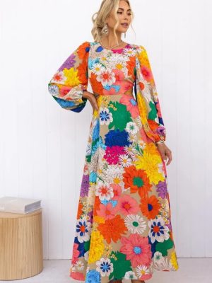 Print Round Neck Lantern Sleeve Dress