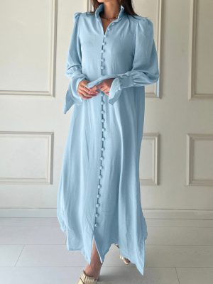 Solid Color Long Sleeve Stand Collar Maxi Dress