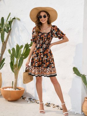 Waist Tight Floral Printed Dress