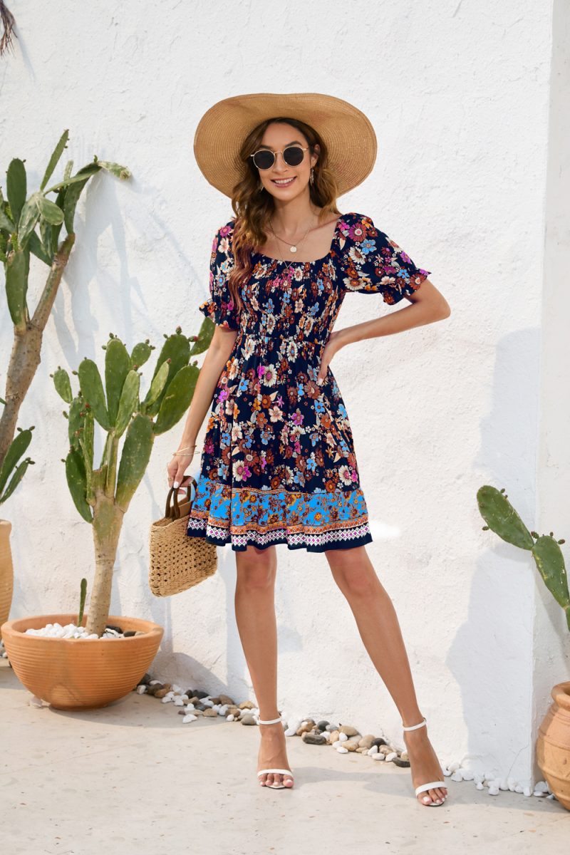 Waist Tight Floral Printed Dress - Image 2