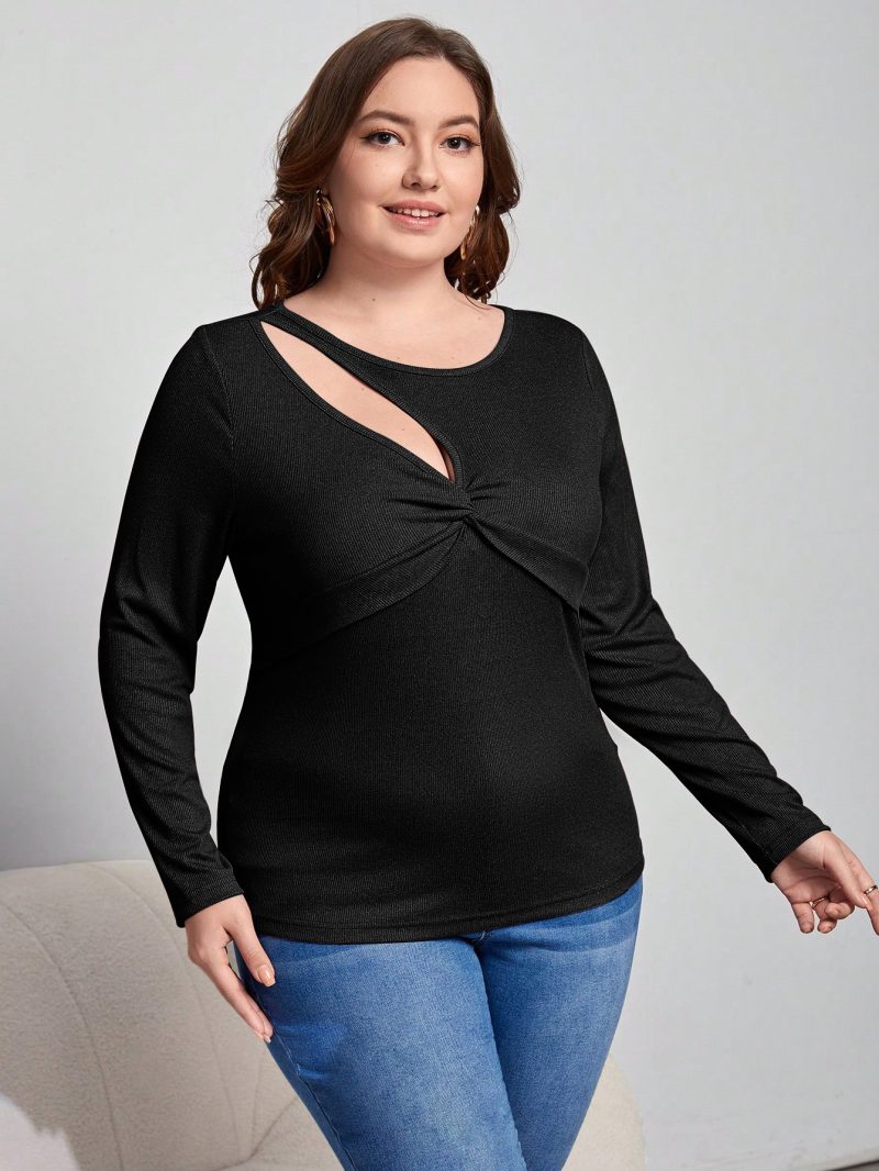 Plus Size Autumn Slim Long Sleeve T-Shirt - Stylish Cutout Design - Image 3