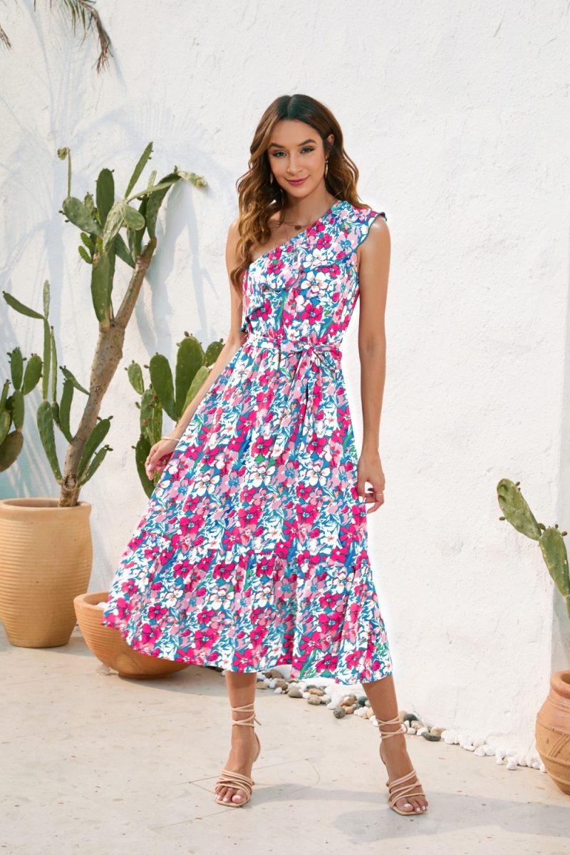 Floral Print Diagonal Shoulder Swing Dress | Casual Vacation Style - Image 3