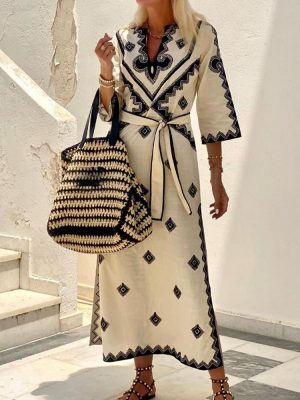 Printed Belt Linen Bohemian Dress – Autumn Winter