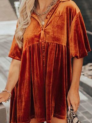 V-Neck Velvet Loose Dress – Autumn Winter