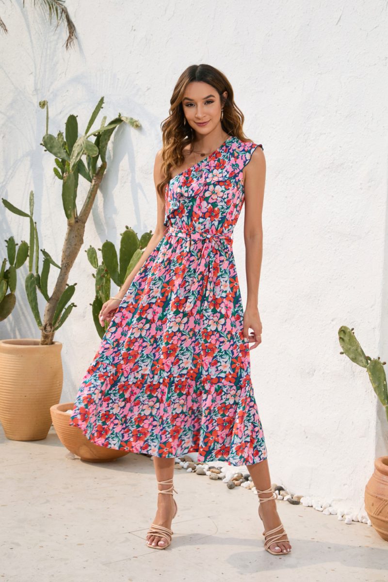 Floral Print Diagonal Shoulder Swing Dress | Casual Vacation Style - Image 2