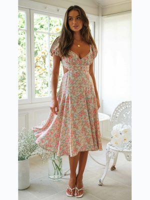 Lace-Stitch Floral Mid-Length Dress – Spring/Summer