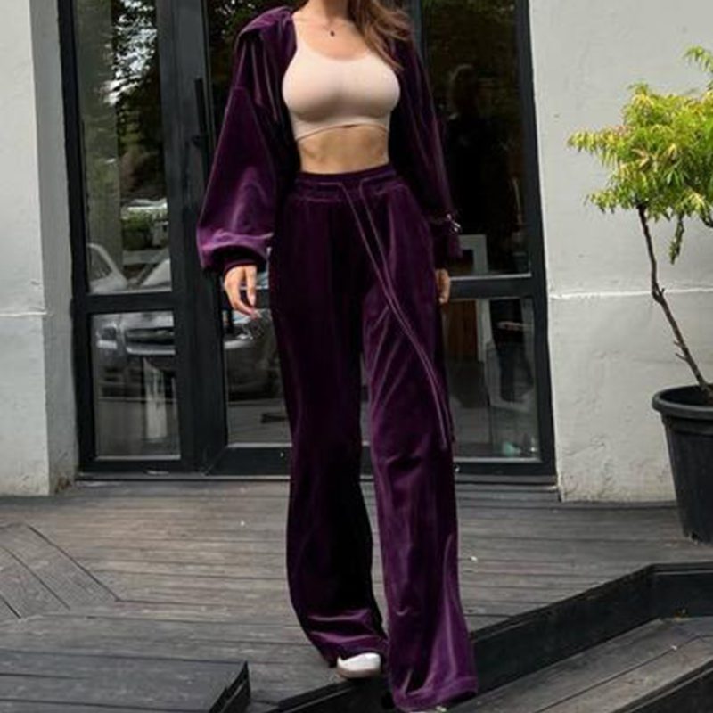 Gold Velvet Drawstring Casual Suit - Early Autumn Style - Image 3