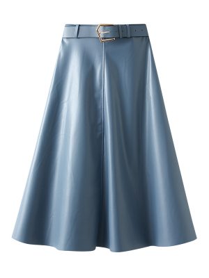 Patchwork Faux Leather Big Swing Skirt with Belt