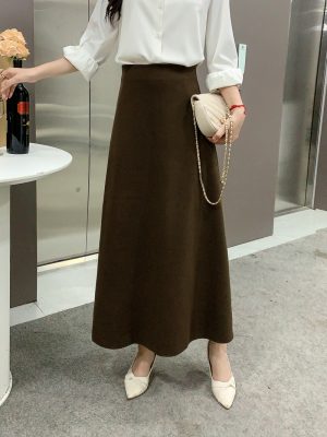 Brown High Waist A-Line Expansion Skirt for Winter Slimmin